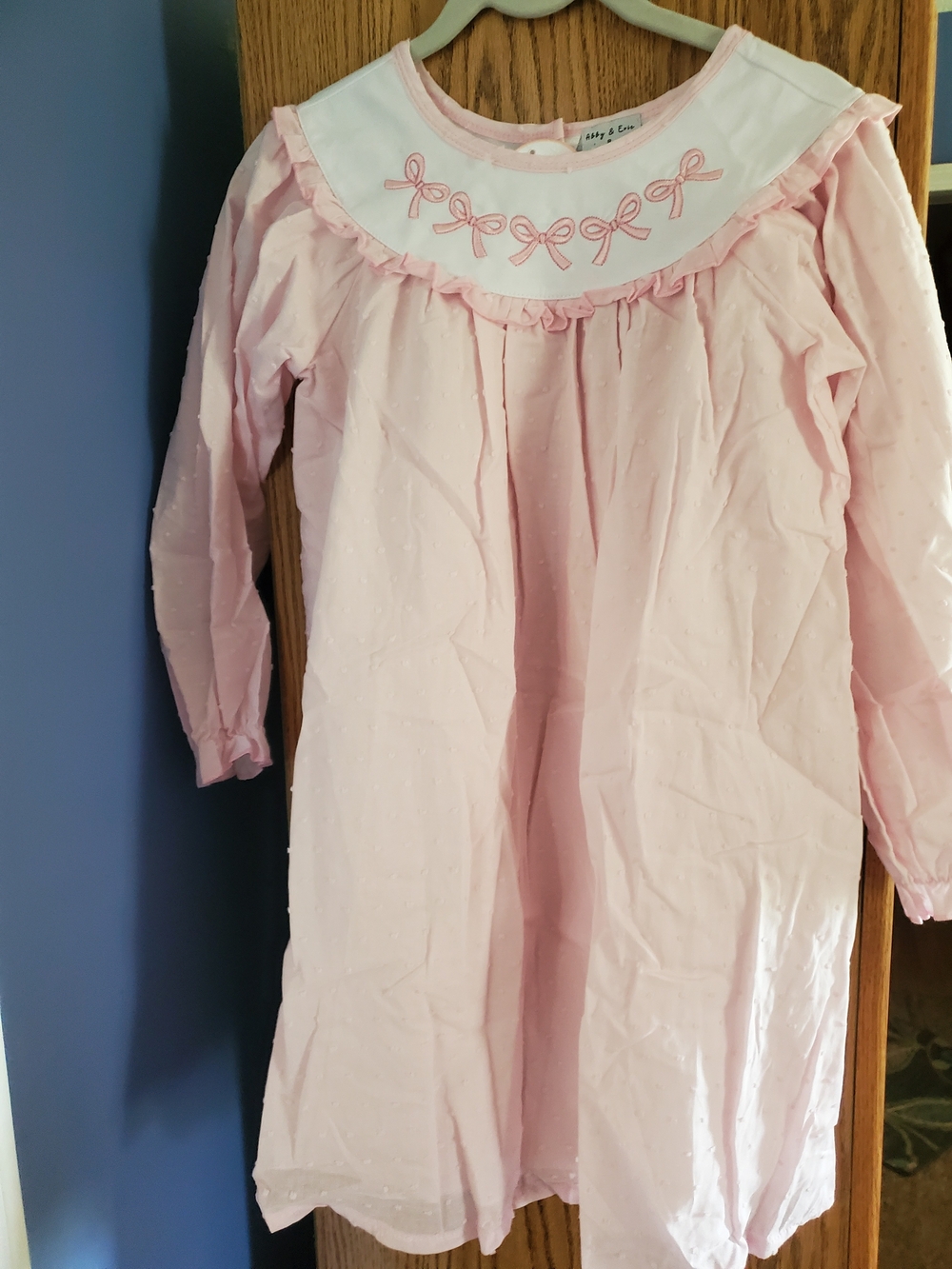 Girls Pink Embroidered Bow Long Sleeve Dress